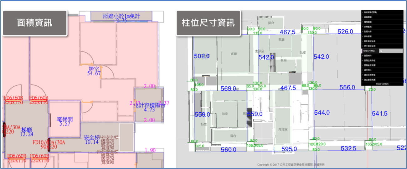 可視化空間面積及柱位尺寸標示
